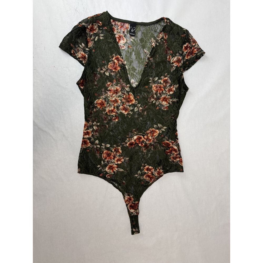Sheer Lace Boho Bodysuit Floral Cottagecore Green Festival Windsor Women Medium